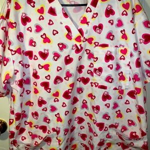 White Scrub Top With Heart Pattern
